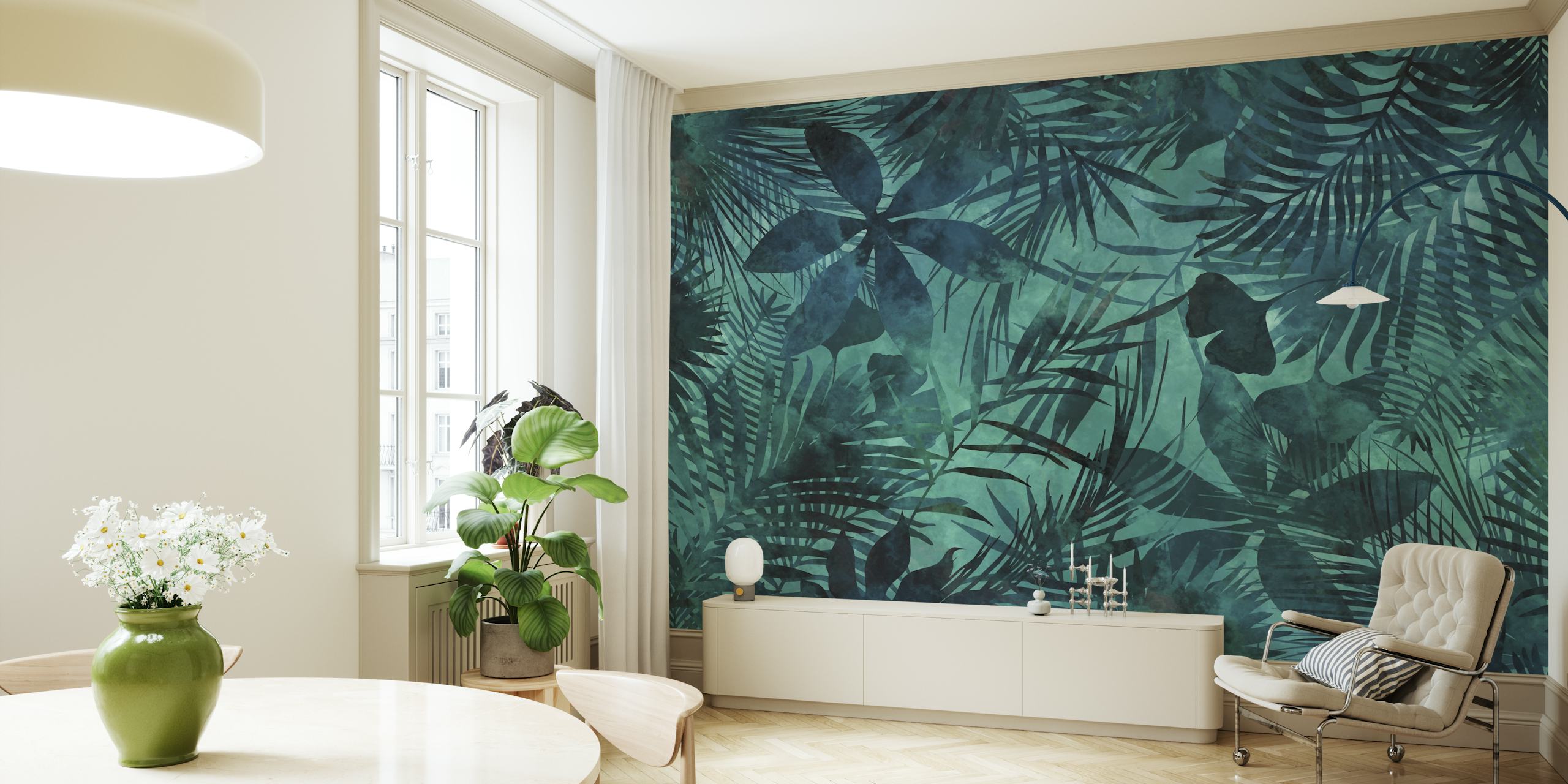 Tropical leaves in shades of green and teal wallpaper